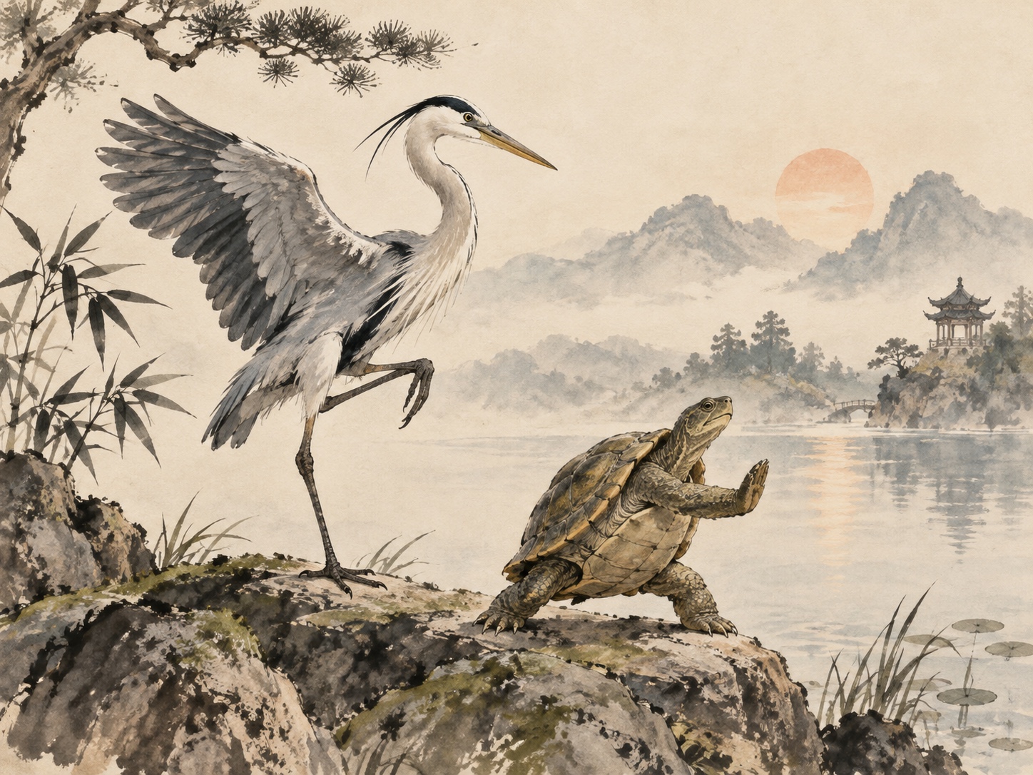 Héron et tortue inspirant un style de kung-fu